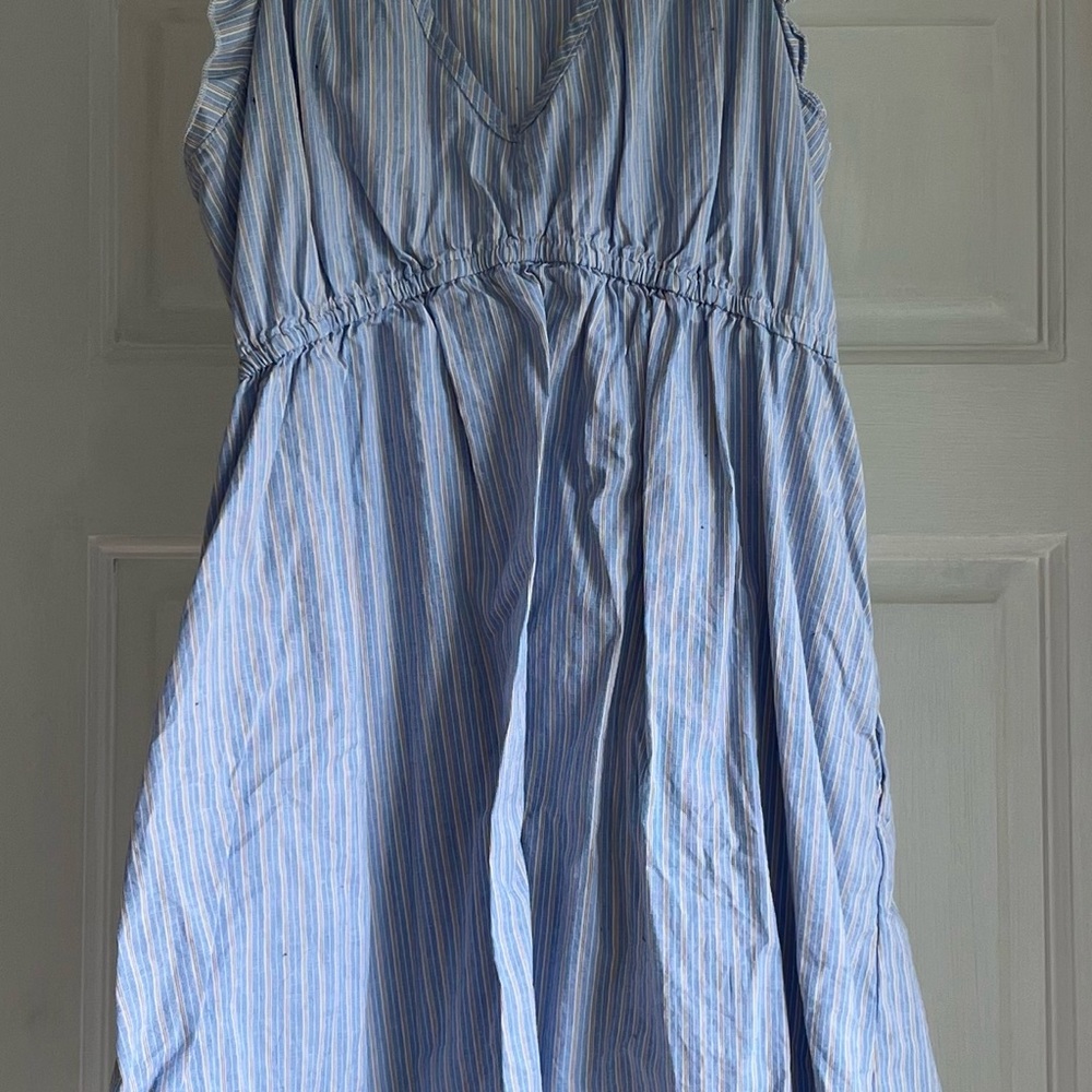 Blue gold and white striped dress